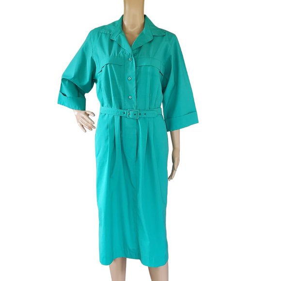 Vintage 80s Shirt Dress Women's Medium Green Career Secretary Pockets Belt Midi - Picture 5 of 14